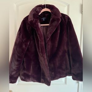 Kaari Blue velvety eggplant faux fur short jacket.